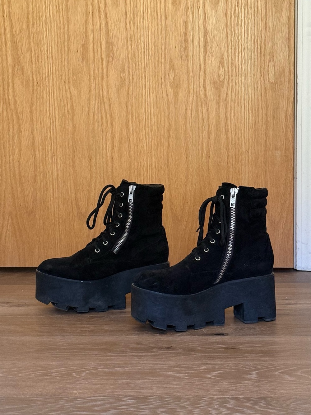 Black Platform Lace-Up Ankle Boots with Side Zip